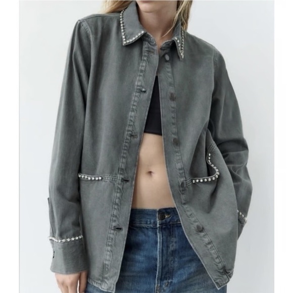 Zara Jackets & Blazers - Zara Gray Denim Utility Jacket Studded Embellished Chore Jacket Crystal Detail